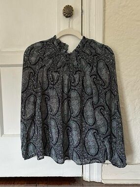 J. crew Womens Navy Paisley Long-Sleeve Ruffled Neck Blouse